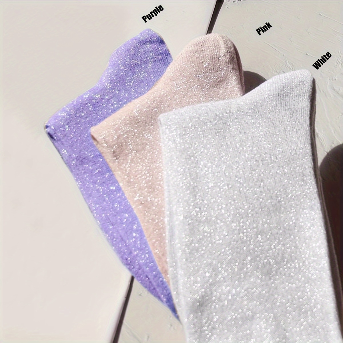 TEMU Lot de 3 Chaussettes Femme Dorées et Argentées à Paillettes, Style Jour Uni - Chaussettes Courtes Personnalisées