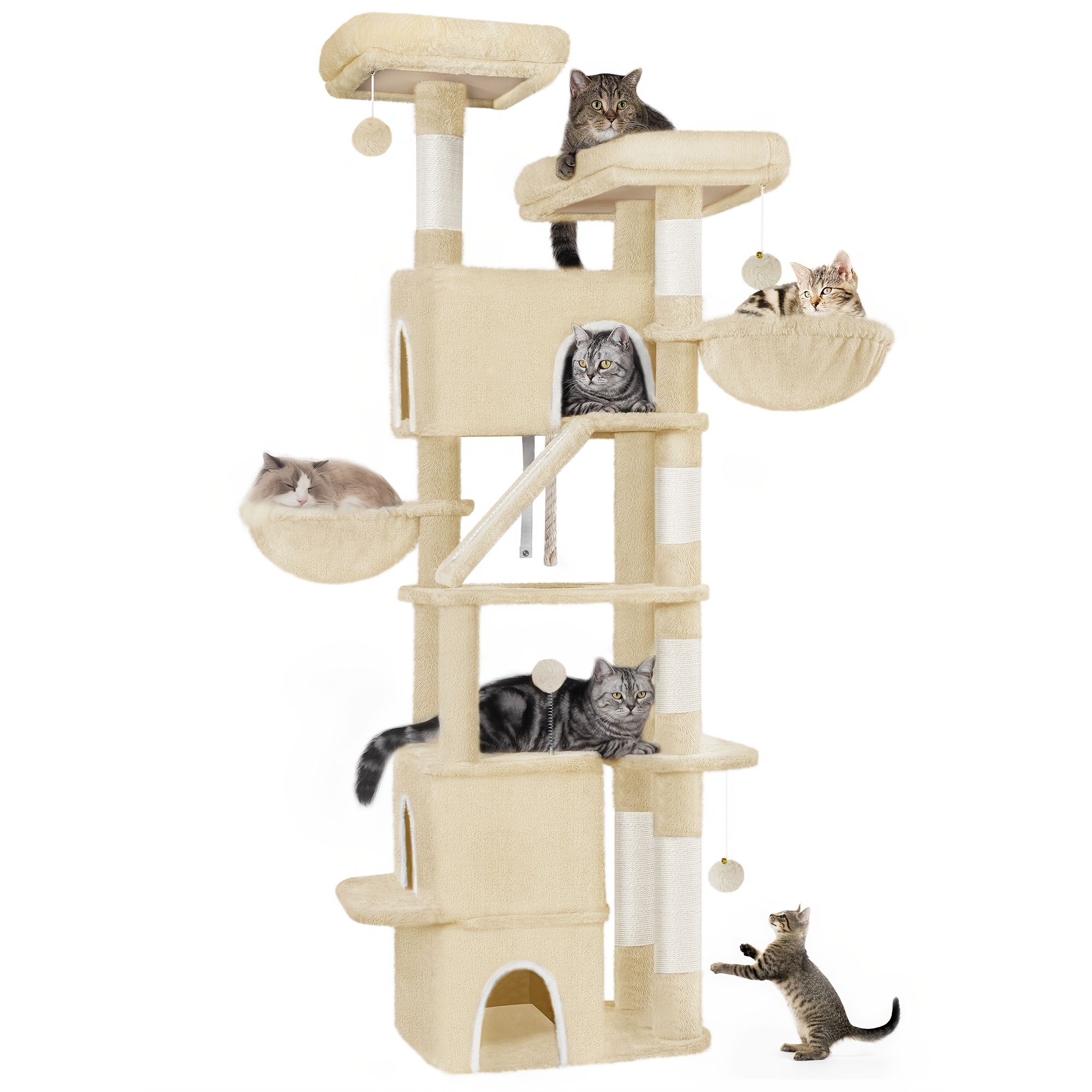 Large Cat Tree, 185cm Tall, With 6 Scratching Posts, 3 Cat Beds, 2 Viewing Platforms, 2 Cat Baskets, And 4 Plush Balls; Cat Tree, Beige