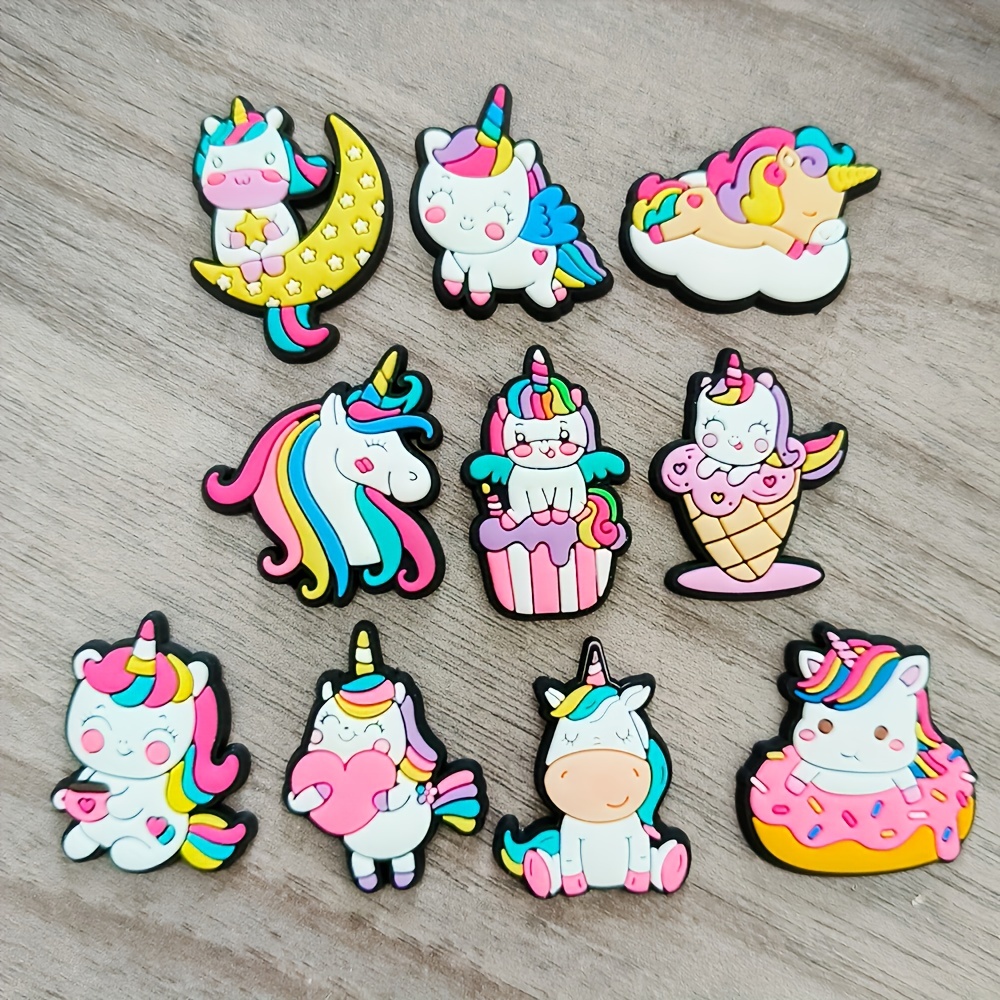 Image of 10pcs Vibrant Cartoon Unicorn Shoe Charms - Durable Pvc Sandal Decorations With In Bright Colors - Fun Gift Idea For Unicorn Fans To Personalize Footwear, Bags, And Clothing