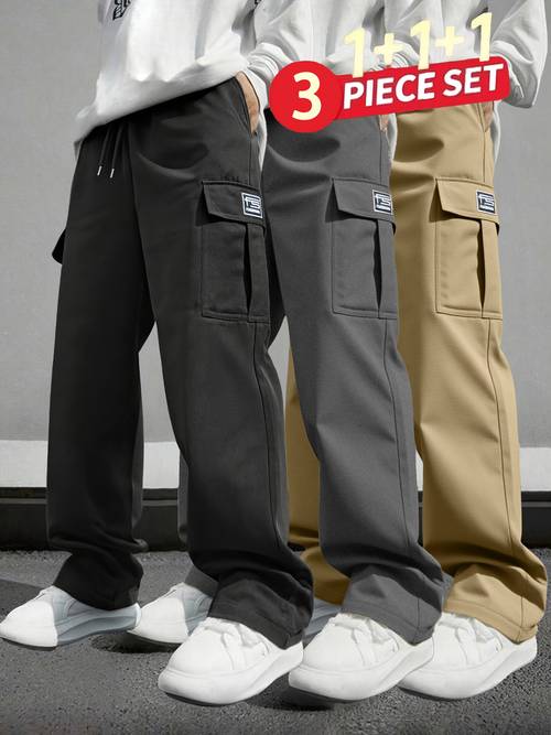 item picture 3pcs mens casual cargo pants spring summer new multi pocket casual loose fit design trousers suitable for daily wear casual fitness multi for outdoor activities