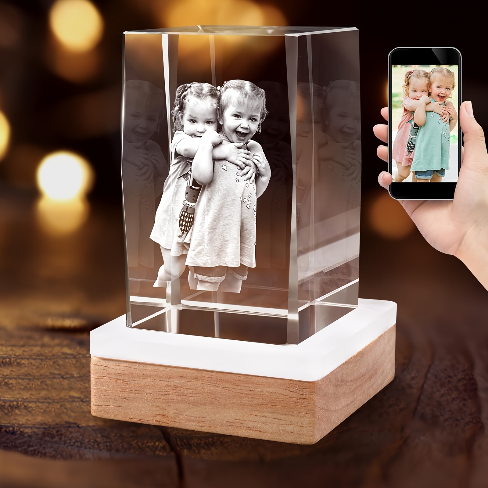 

Custom Holographic Crystal Photo Engraving - Ideal Gift For Birthdays, Weddings, Memorials, Day, Valentine's Day, Christmas | Glass Material, Bottom, , Room Decor