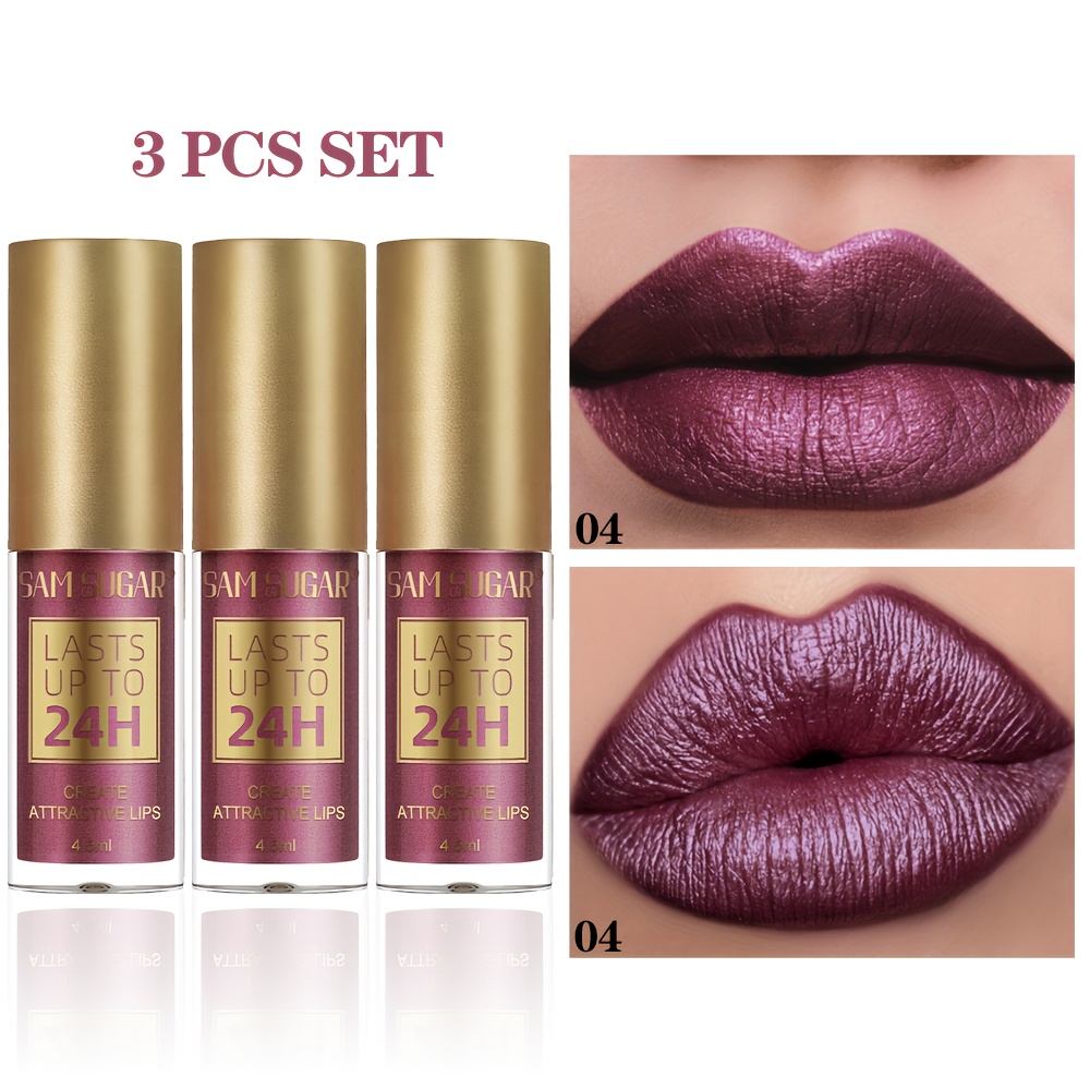 TEMU 3pcs Set Liquid Lipstick Long Lasting 24h, Metallic Shimmer High Lip Gloss, Transfer & Smudge Resistant Lip Color For Festival, Party, , Glossy