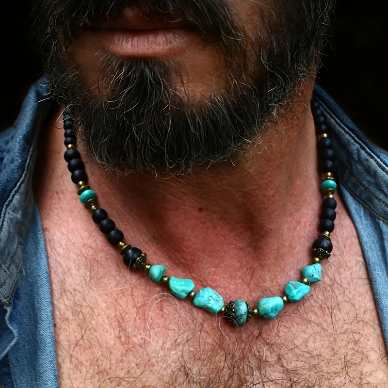 mens turquoise beaded necklace black onyx golden accents Temu