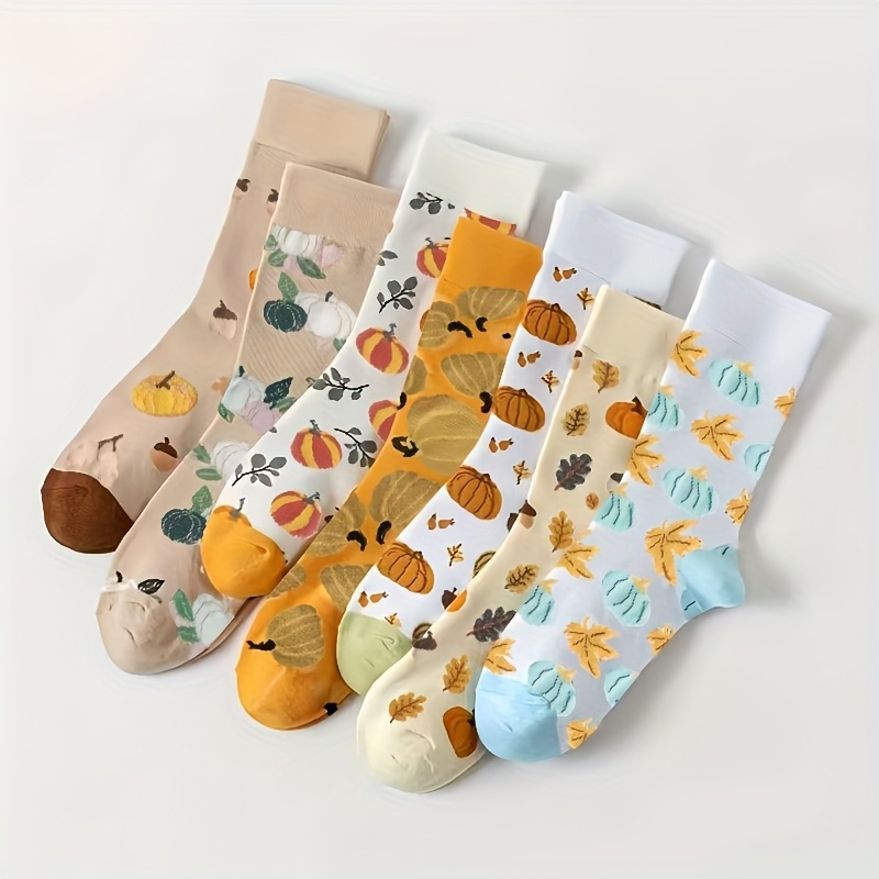TEMU 7-pair Women's Halloween Pumpkin Pattern Fashionable, Trendy, Fun, And Novelty Mid-calf Socks