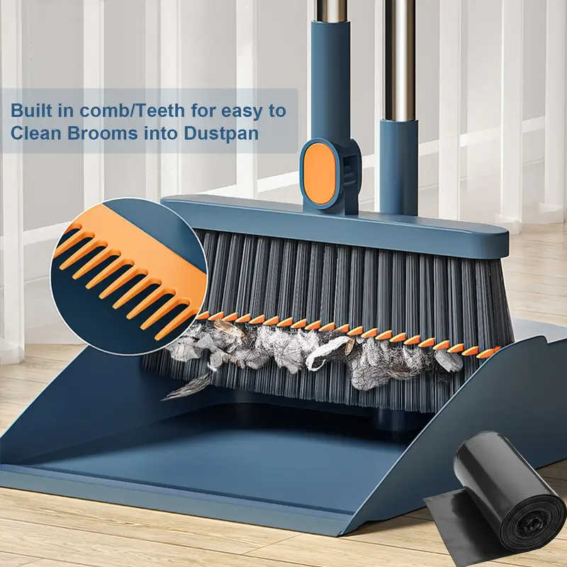 1-roll broom and dustpan combo set with garbage bags - heavy-duty plastic construction, long handle with ergonomic grip & upright stand for hard floors - heavy-duty sweeper and mop alternative for home, office, kitchen, dorm, rv, apartment - space-saving cleaning system with durable plastic broom and dustpan, ideal for hardwood, tile, floors - ideal for home, office, dorm, bathroom cleaning, broom for floor cleaning, retractable broom, broom with dustpan, mini broom, Product details 3