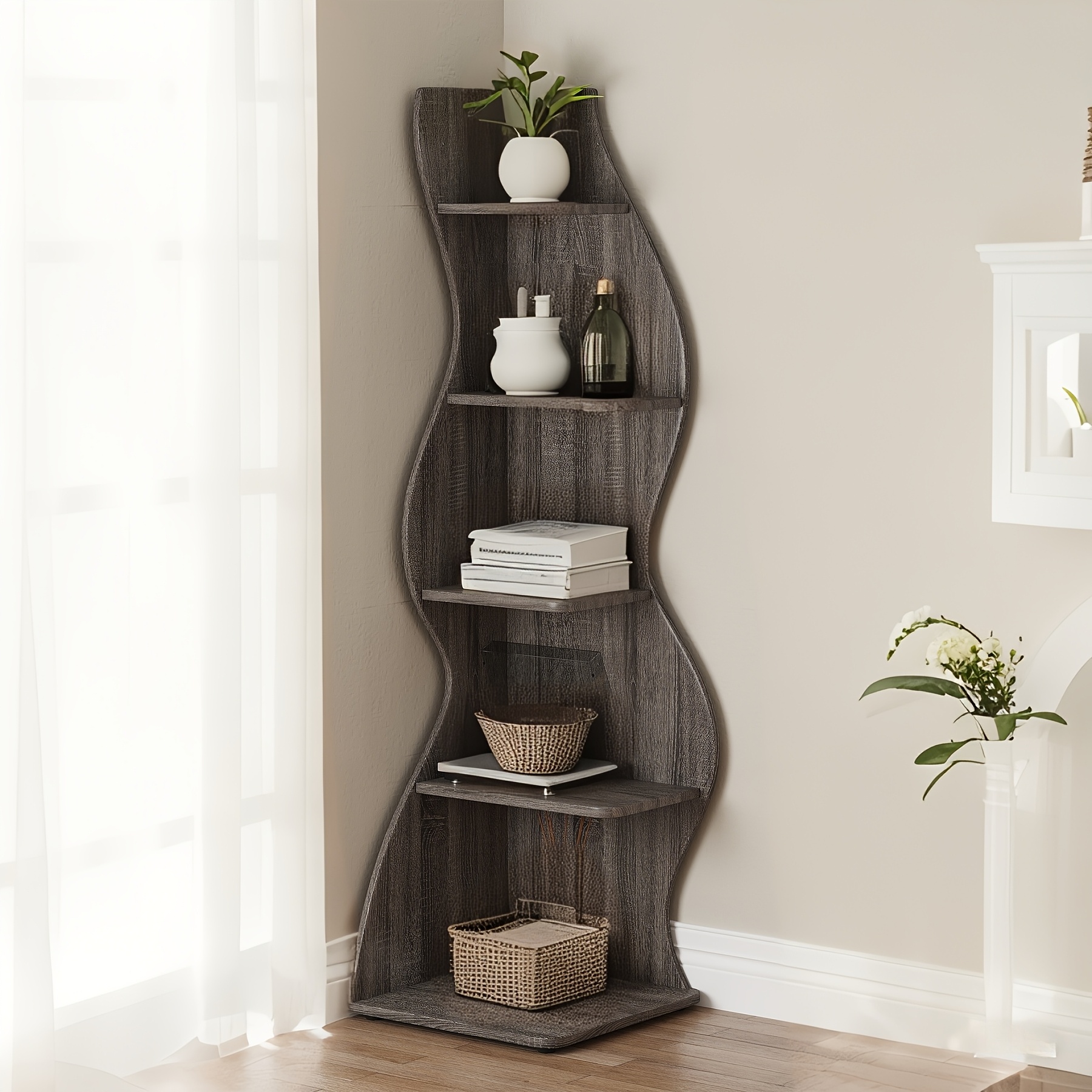 Corner Shelf, Modern 5-Tier Wall Corner Bookshelf, Stylish Corner Small Bookcase Storage Rack Plant Stand with Unique Shape for Living Room, Home Office, Ladder Racks, Storage and Organization
