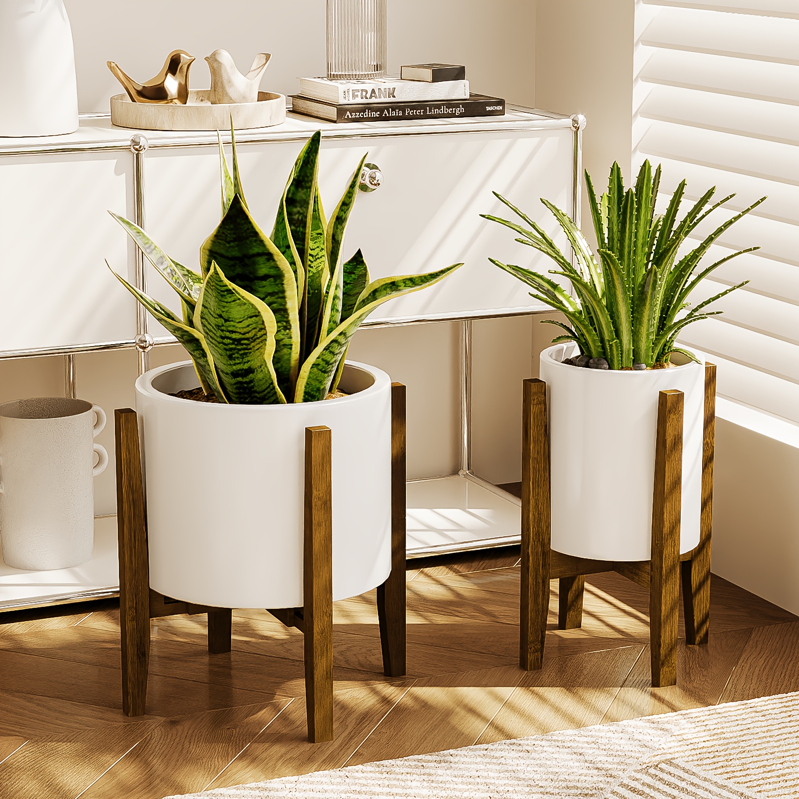 Image of Bamworld Adjustable Plant Stand Indoor, Bamboo Indoor Planter Stand, Mid Century Pot Holder Rack, Fit 7.8'' To 12'' Planter