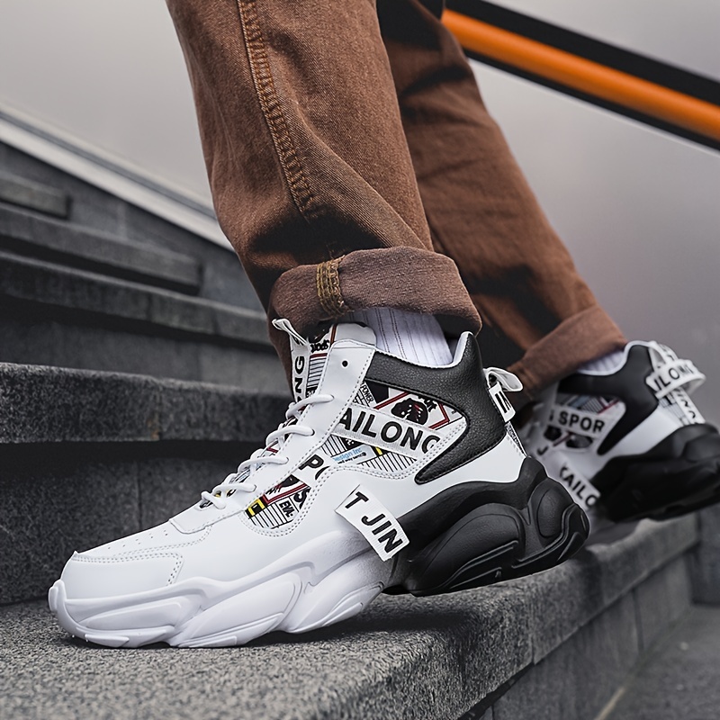 Zapatillas casuales de caña alta para hombre con patrón aleatorio, ajuste universal, cierre de cordones, uso para todas las estaciones, punta redonda, suela de PVC, plantilla de tela y parte superior de imitación.
