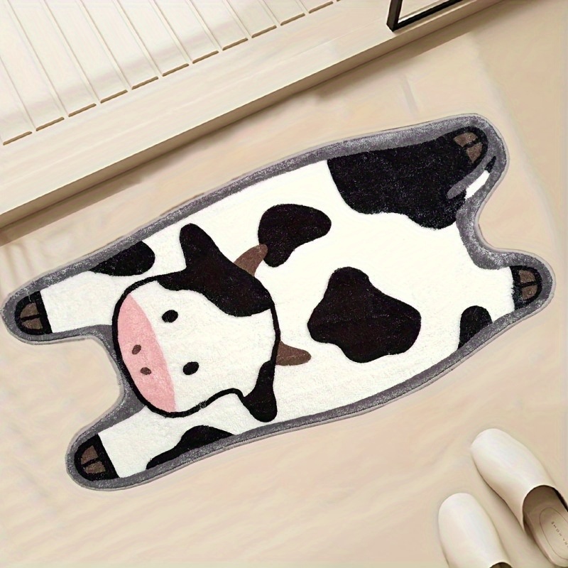 TEMU Cow Print Doormat - Bedside Mat, Floor Mat For Rooms And Playrooms. Black-and- Design With Pink Ears And In A Rectangular Shape Suitable For