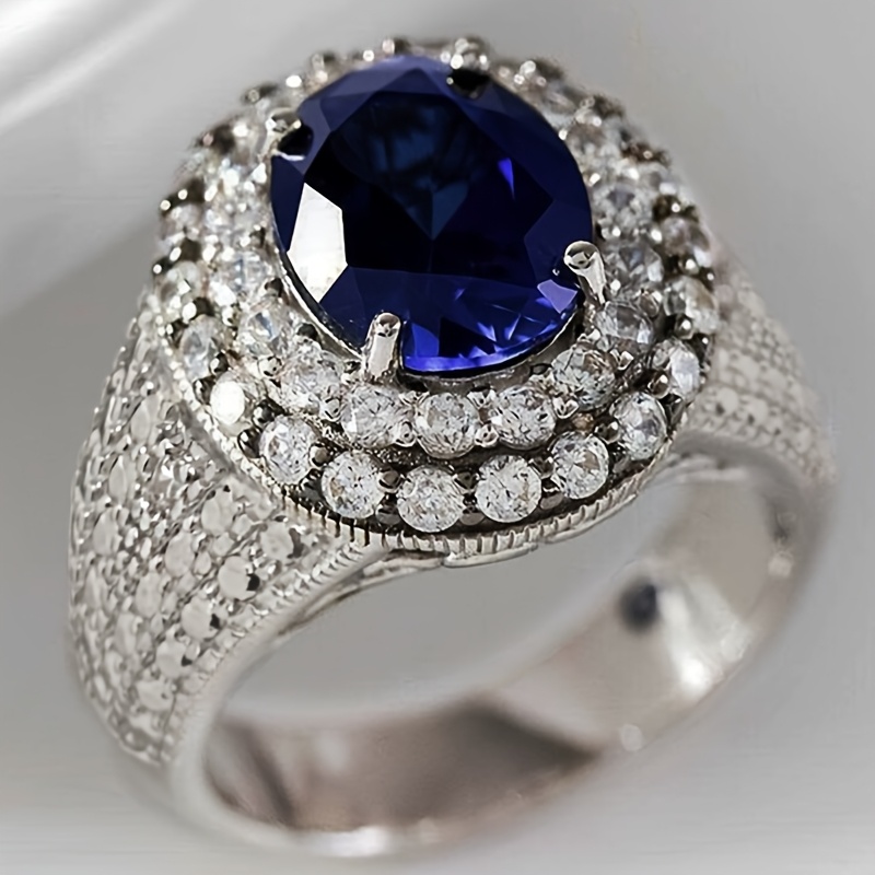 TEMU A Luxurious Vintage Engagement Ring For Teenager, Featuring An Oval-shaped Blue Synthetic Synthetic Synthetic Zircon, Perfect For Weddings,