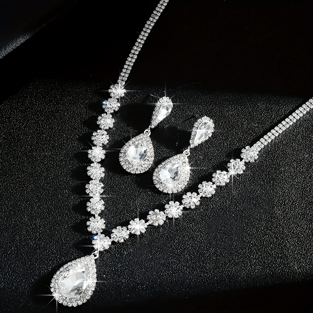 Crystal Flower Water Drop Necklace Earrings Set Bridal Accessory