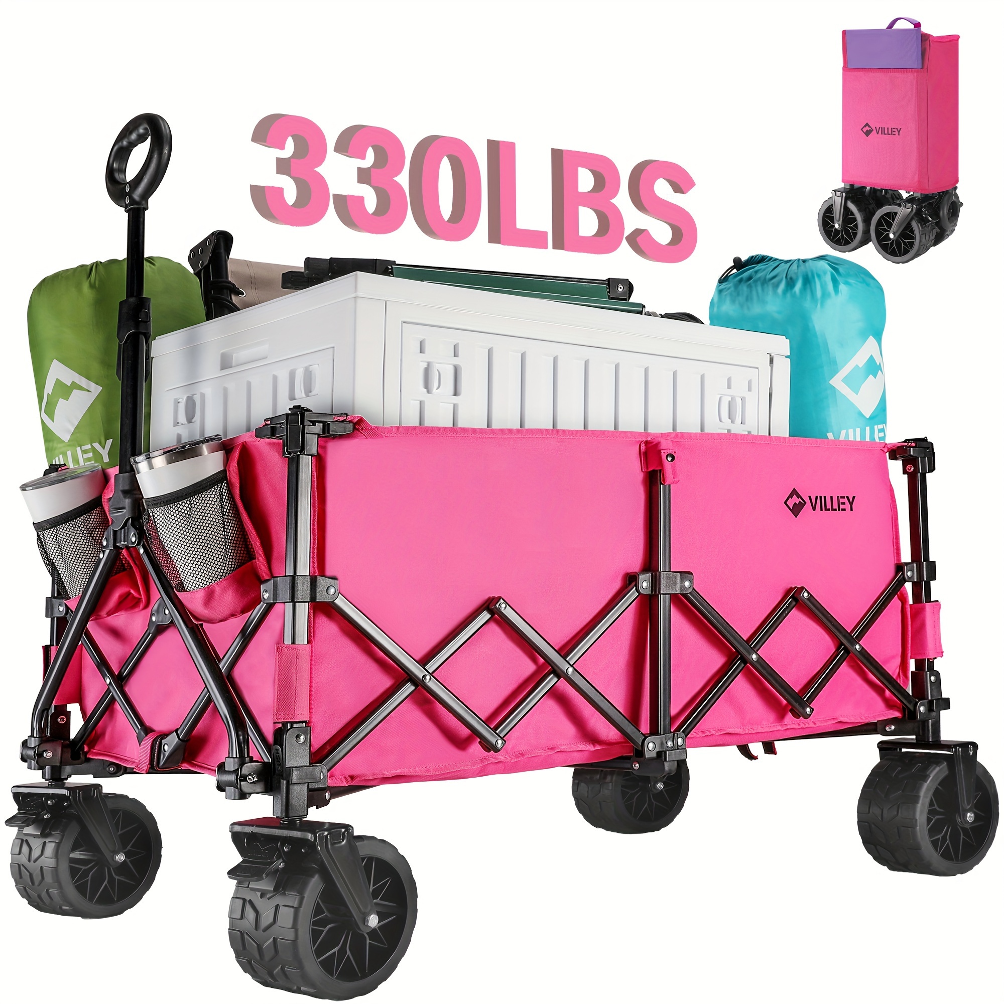 

Villey Extended Collapsible Foldable Wagon With 330lbs Weight Capacity, 220l Heavy Duty Folding Utility Garden Cart With Big Beach Wheels With Brake & Drink Holders, Pink