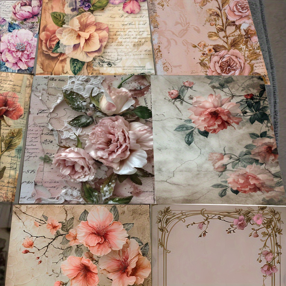 

Vintage Floral Decoupage Paper Set, 16 Sheets - A5 Size, Romantic Sea Blooms Theme For Scrapbooking, Journaling & Crafts