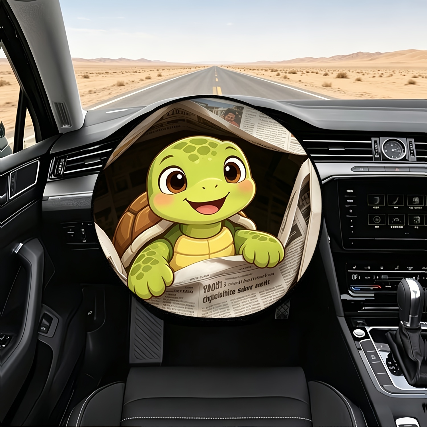 TEMU 1pc Car Steering Wheel Sunshade Peeking Out Newspaper Smiling Theme Pattern 2d Printed Car Steering Wheel Sunshade - Heat Insulation, Sun