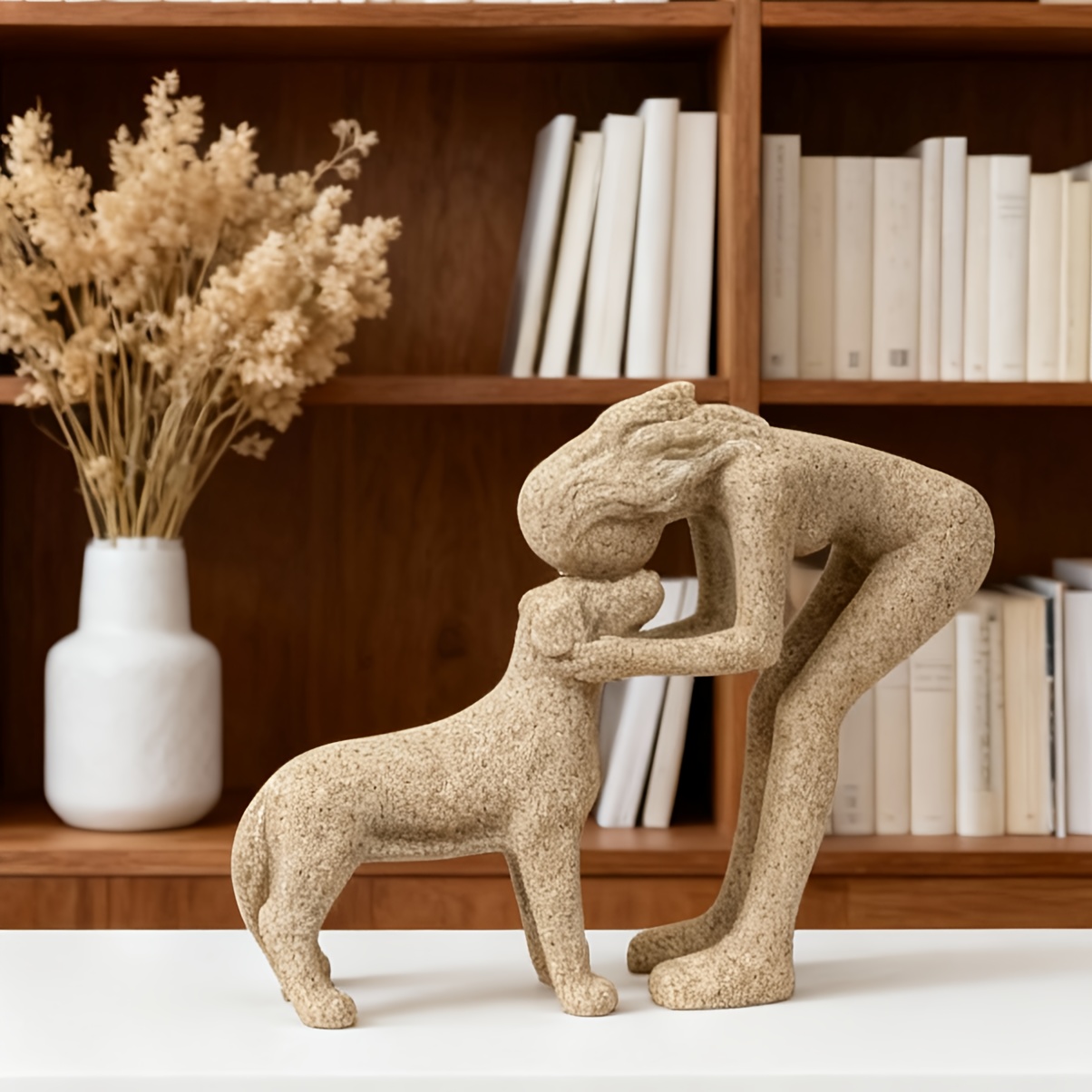 TEMU 1pc [ Item] Women Kissing Puppy Resin Ornament Warm Pet Interaction Scene Sculpture: Sandstone Resin Decor - Woman Bending To Kiss Puppy