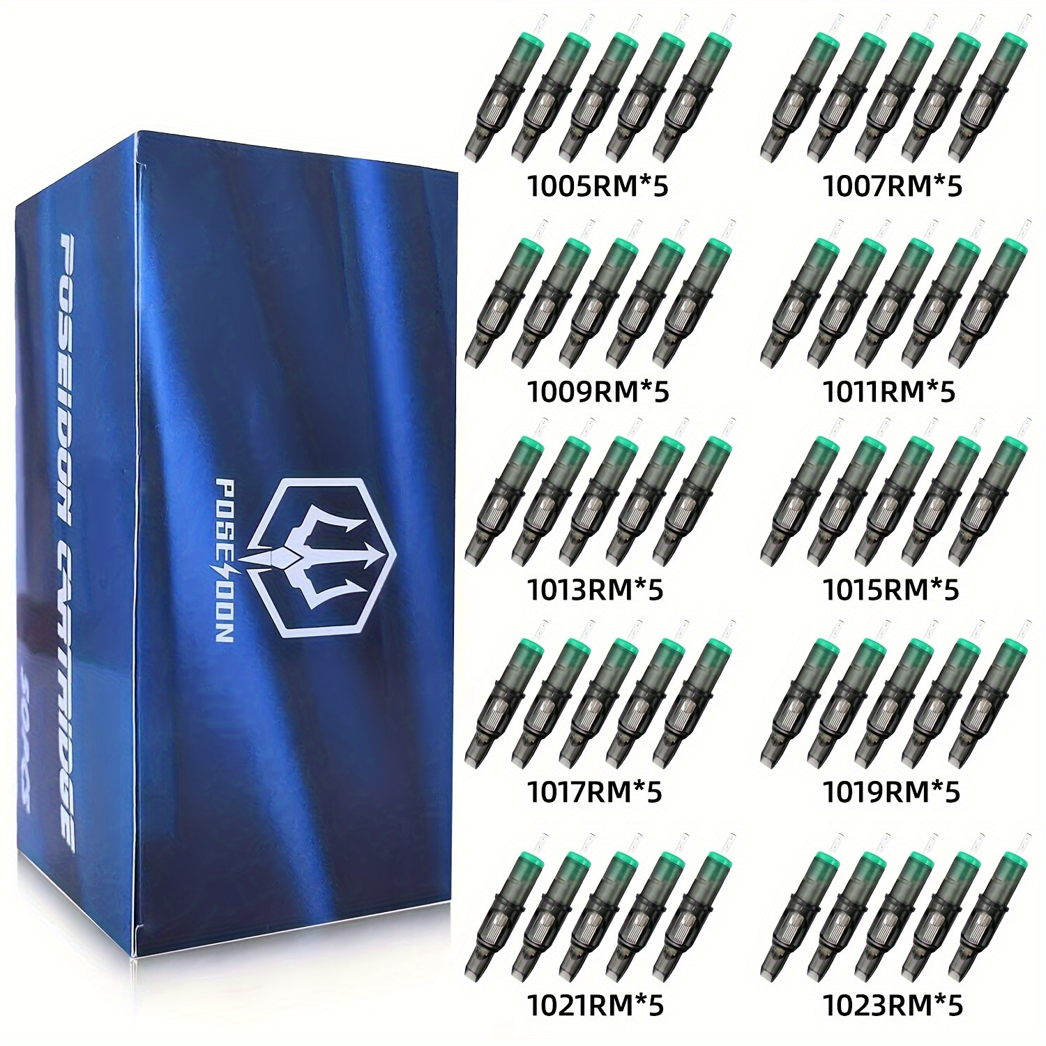 Poseidon V2 Tattoo Cartridge Needles 50pcs Assorted Mixed Size Round Liner Shader Magnum Curved/round Mag 5rm 7rm 9rm 11rm 13rm 15rm 17rm 19rm 21rm 23rm Disposable Membrane Tattoo Needles