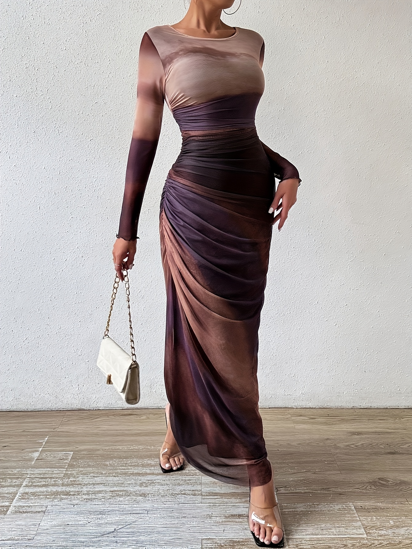 Elegant Ombre Long-Sleeve Bodycon Dress for Women Detail, High Neck  Spring/Summer/Fall, Adult, Stylish Evening Attire|* H