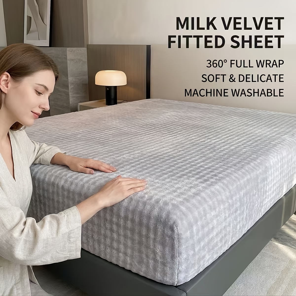 TEMU 1pc Solid Color Rabbit Plush Fitted Sheet, Thickened Warm And Comfortable Mattress Protector, Elastic Deep , 360-degree Fitted Wrap,