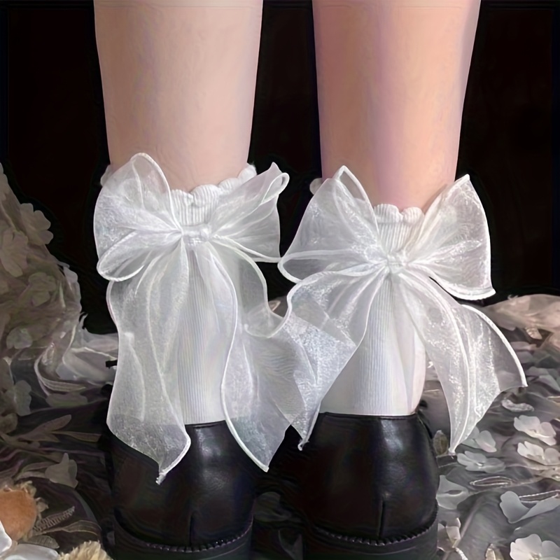 TEMU 1 Paire de Chaussettes Courtes Noires et Blanches en Dentelle Polyvalentes Printemps et Été pour Femmes, Chaussettes à Nœud en Dentelle Beige