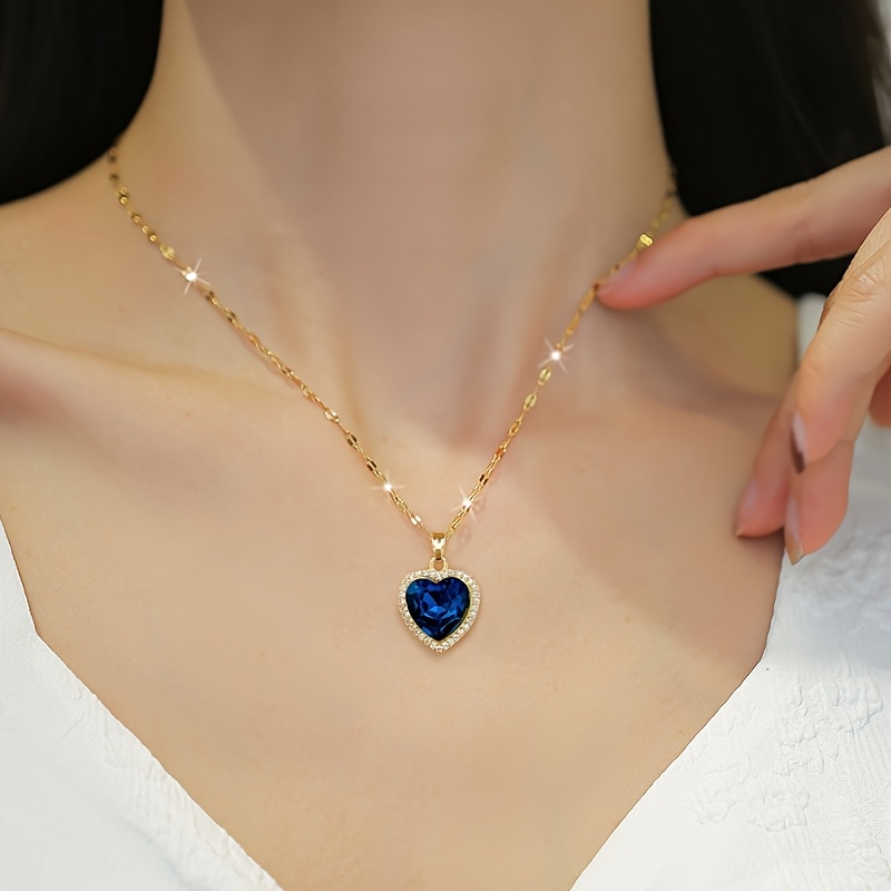 TEMU Collar de con Colgante de Piedra Azul Sintética para Mujer, Lujoso y Elegante, Equipado con una Cadena de Clavícula de Acero Inoxidable Chapado