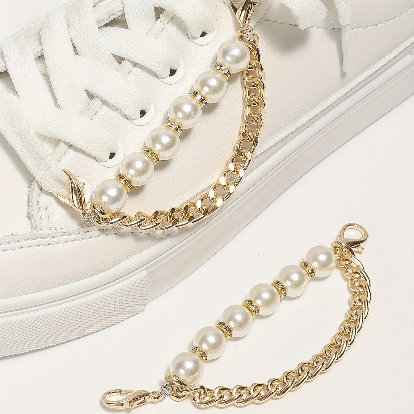 

Golden Chain And Faux Pearl Sneaker Accessories For Women & Men - Premium Alloy Material, Chic & Fashionable Shoe Decoration Chains