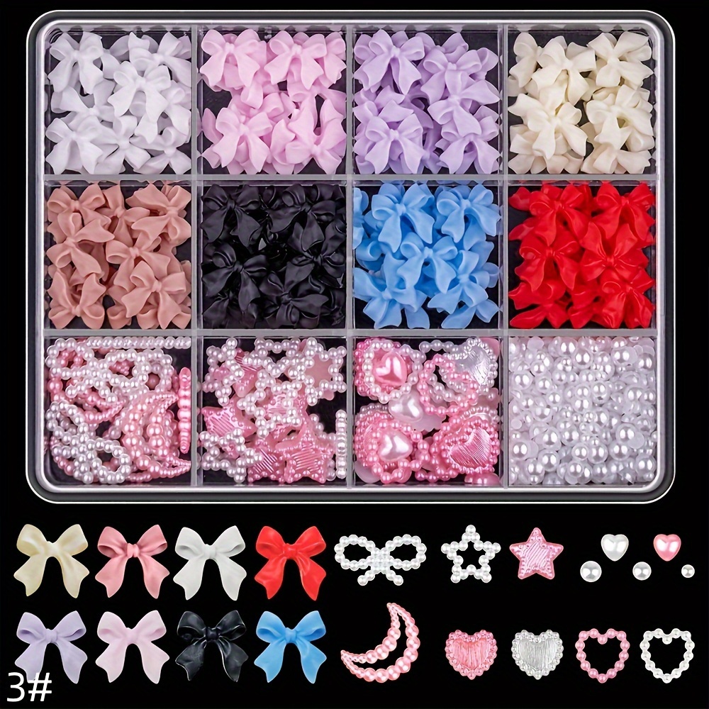 

500pcs Bowknot Nail Charms And Pearl Set - 11 Vibrant Colors, Knot Ornaments With 2-4mm White Pearls For Diy Nail Art Decoration, Charms For Nails