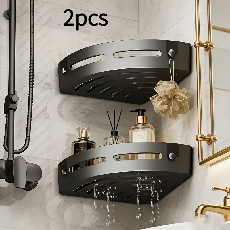 TEMU 2pcs Corner Shower Cages, 4pcs Hook Patches, Wall-mounted Bathroom Storage Rack, No Drilling Required, Shampoo Holder, Suitable For Bathroom