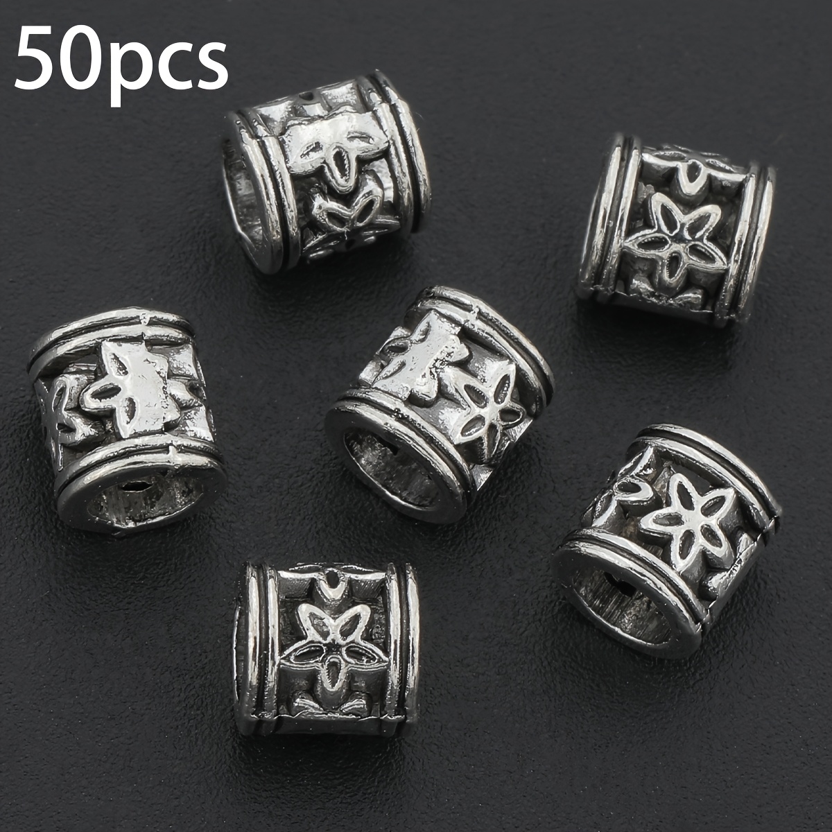 TEMU 50pcs Five-petal Small Flower Pattern Spacer Beads Hollow Flower Cylindrical Retro Alloy Large Hole Loose Spacer Beads Perforated Beads Straight