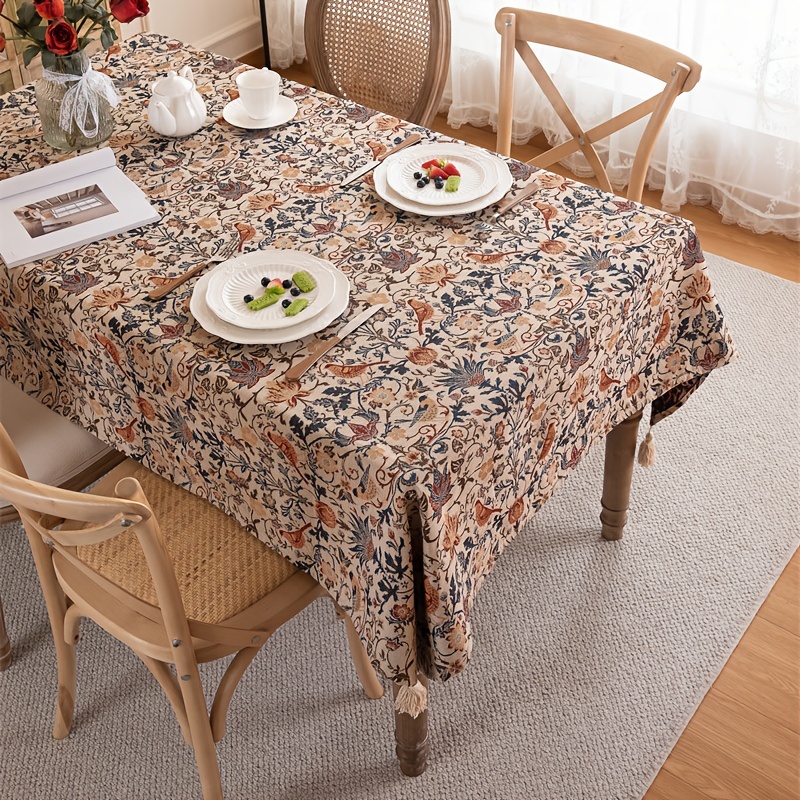 Vintage Thickened Jacquard Magpie And Flower Fringe Tablecloth, Rectangular Coffee Table Cover, Dining Tablecloth