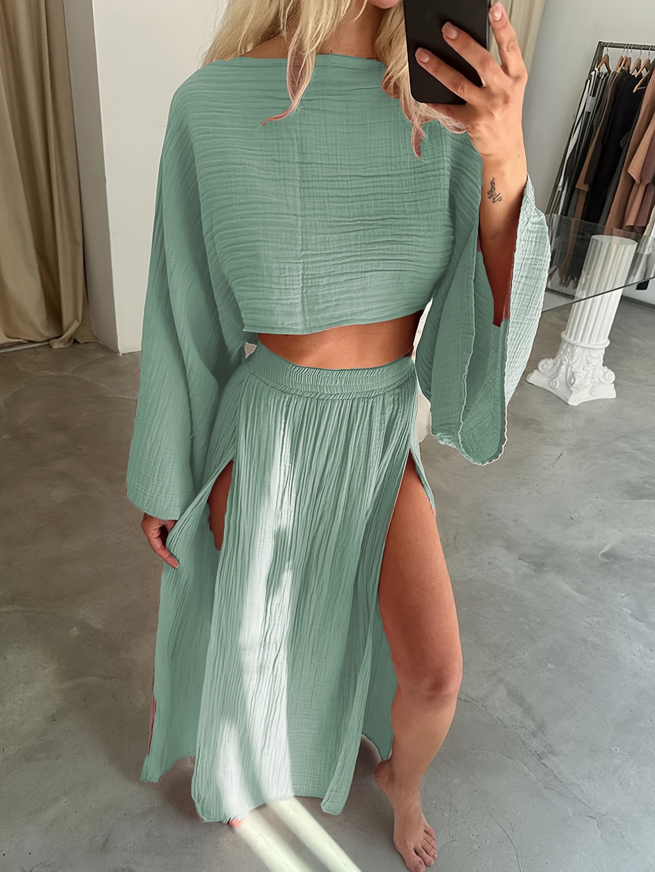 slim fit dress slacks Mint Two-Piece Dress Set - Crop Top & Skirt Set main image 1