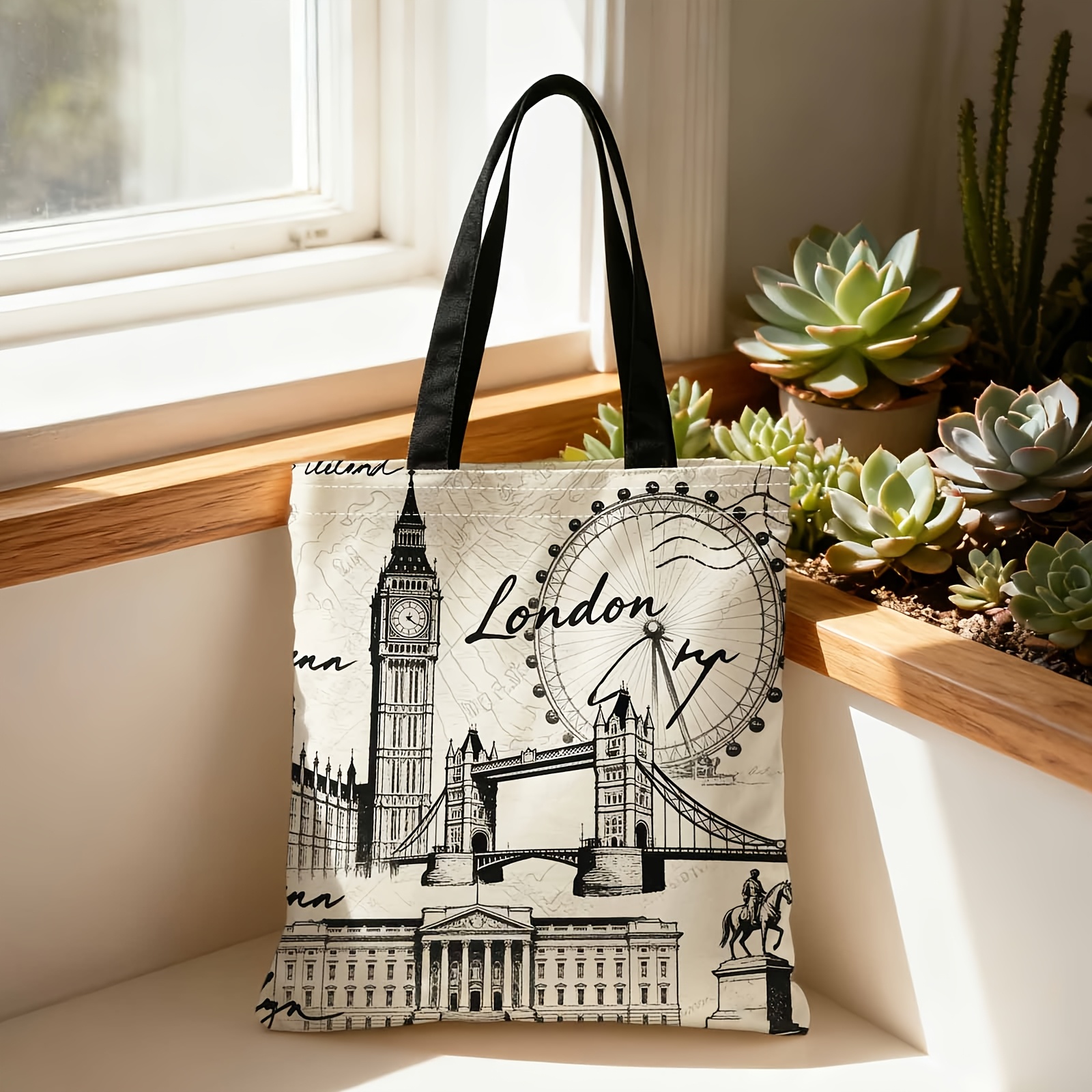 TEMU Einkaufstasche, Tragbare Schulter- Handtasche, 2D Doppelseitig, Wahrzeichen, , Tower Bridge, geeignet für Reisen, Kosmetik, Urlaubsaufbewahrung,