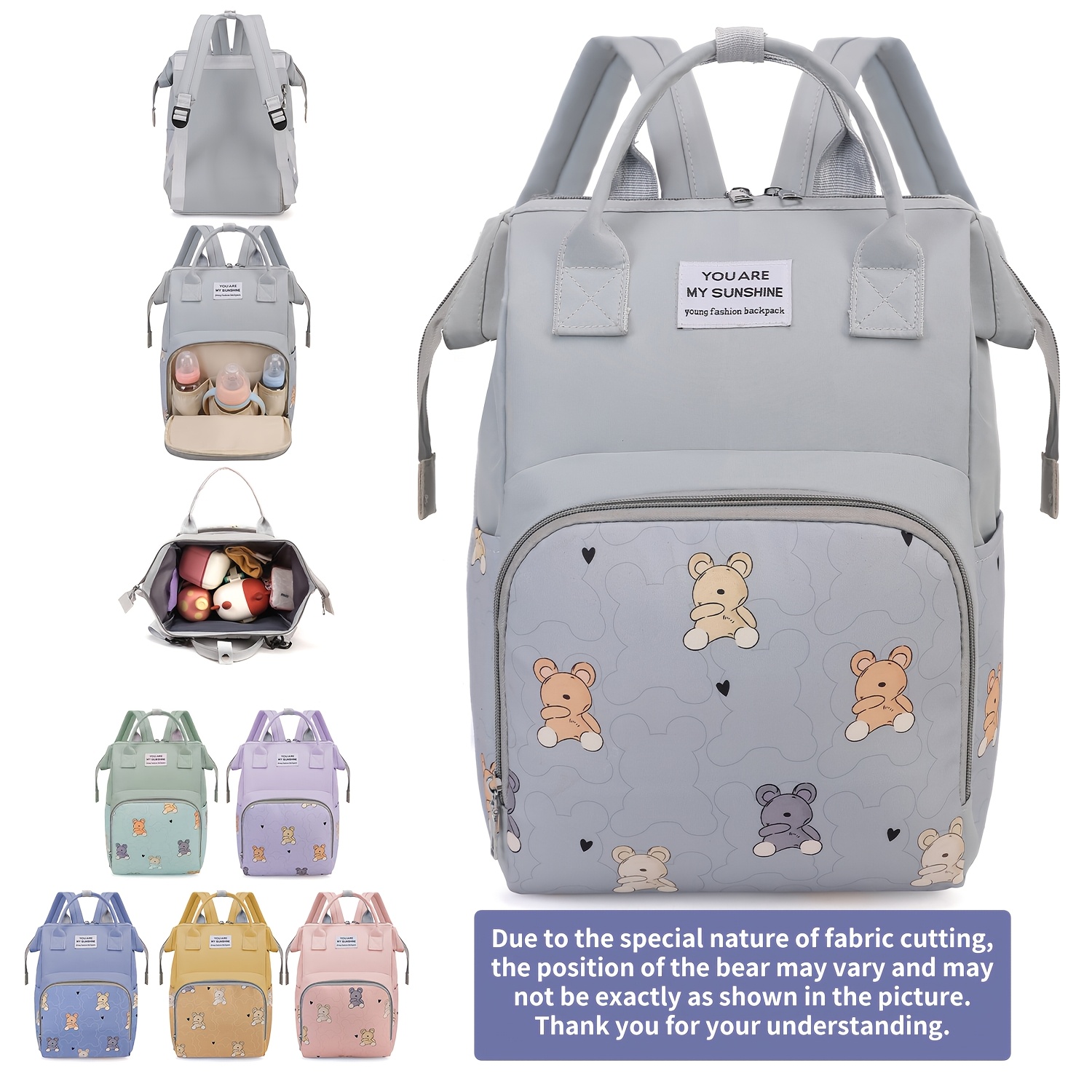 Mochila para Pañales de Mamá con Estampado de Oso, Bolsillo Aislante y Correas para Cochecito, Ideal para Trabajo, Viajes y Vacaciones - Imagen 3