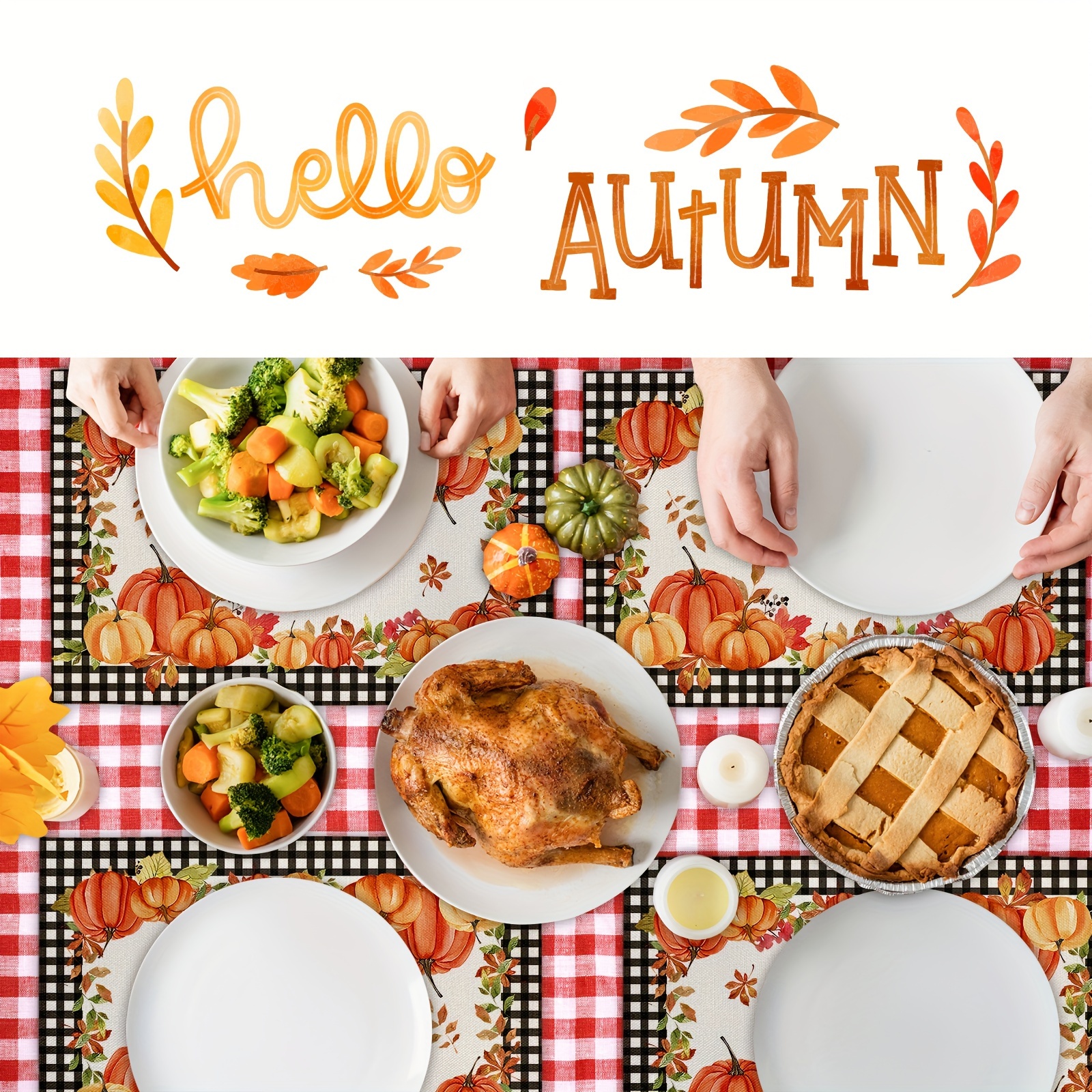 

4pcs Linen Pumpkin Fall Placemats - 12x18 Inch Rustic Farmhouse Checkerboard Autumn Table Mats, Machine Washable, Non-slip For Home, Kitchen, Party Decoration