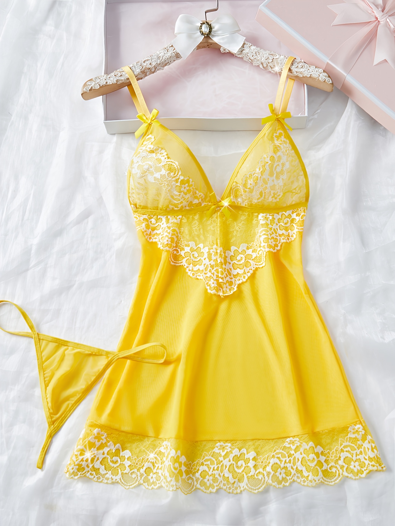 2pcs Pijama Elegante de Encaje Semi-Transparente para Mujer - Vestido Sin Espalda con Lazo, Conjunto de Pijama Combinado para Todas las Estaciones, Lavado a Mano, Conjunto de 2pcs (No) - Ropa de Descanso Femenina