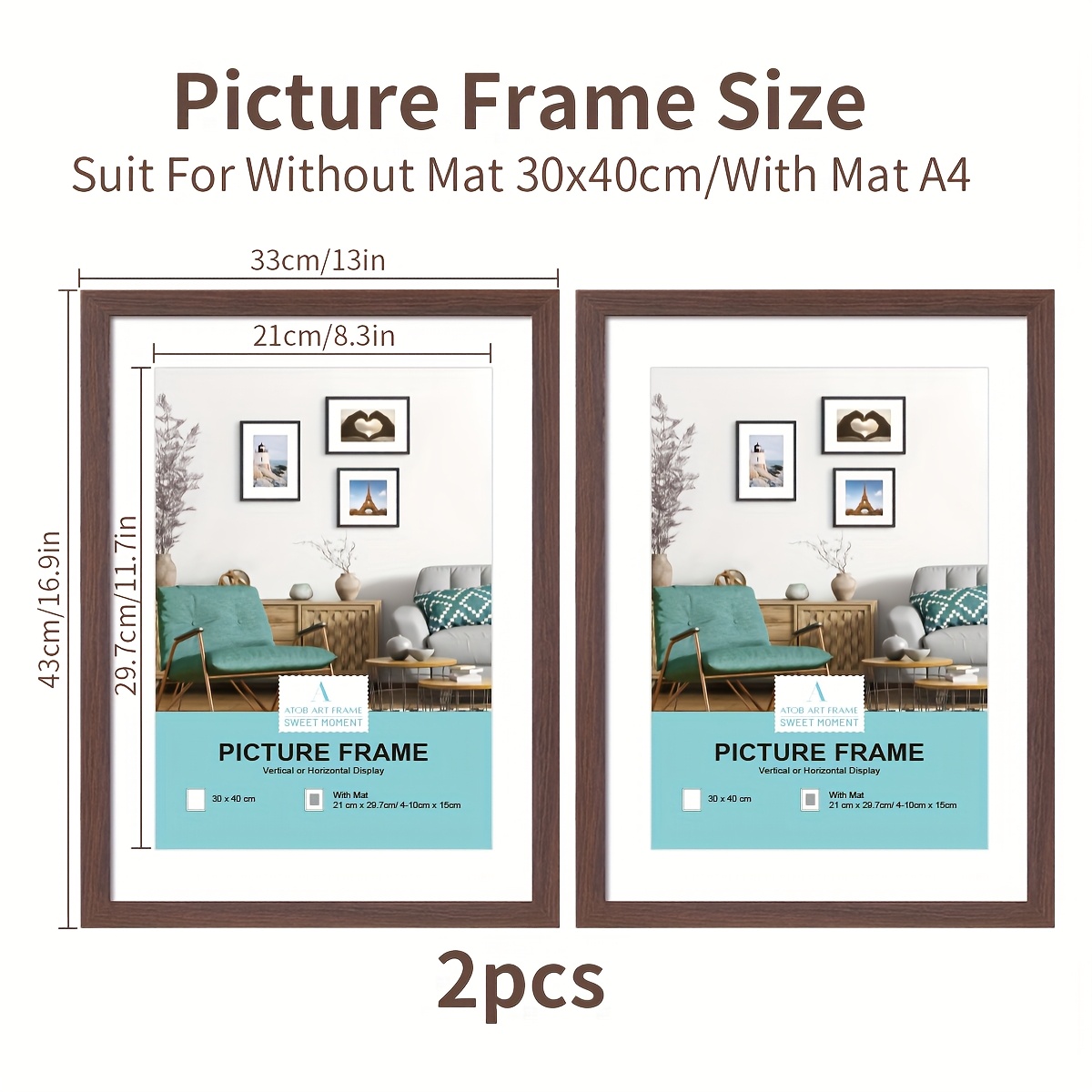 TEMU 2pcs, Wooden Photo Frames, Mat30*40cm/a3/a4 Retro Photo Frames, Photo Frames, Old Wood And Brown Retro Photo Frames, Home Wall Decoration Photo