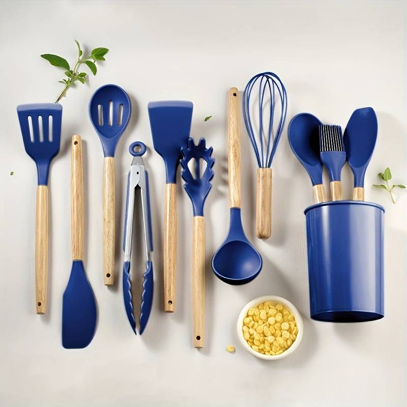 Set Da 29 Utensili Da Cucina In Silicone Con Manico In Legno - Antiaderenti, Termoresistenti Fino A 230°C, Con Ganci, Grigio