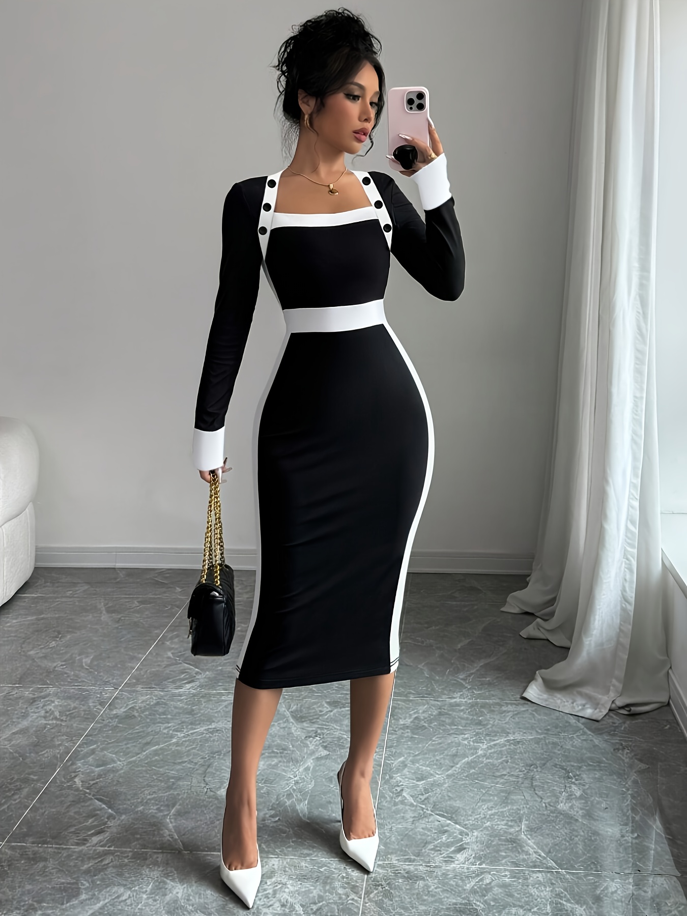 cheap formal dresses nearby Black Ribbed Colorblock Cross Halter Neck Midi Dress main image 0