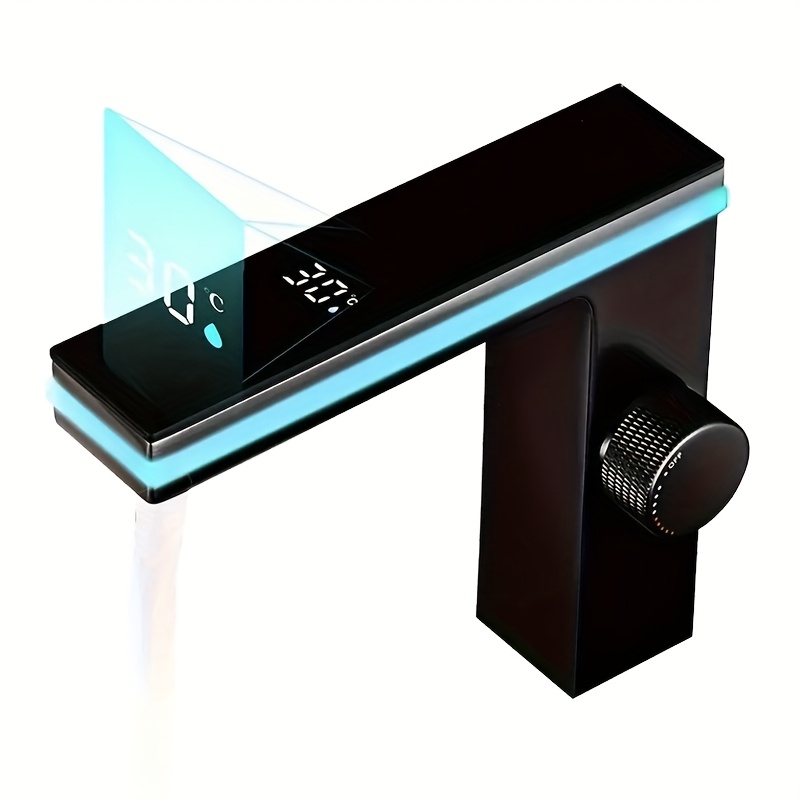TEMU Matte Black Smart Digital Display Faucet For The Bathroom, Featuring An Led Temperature Display, Made Of Brass, With A Single Handle And Single