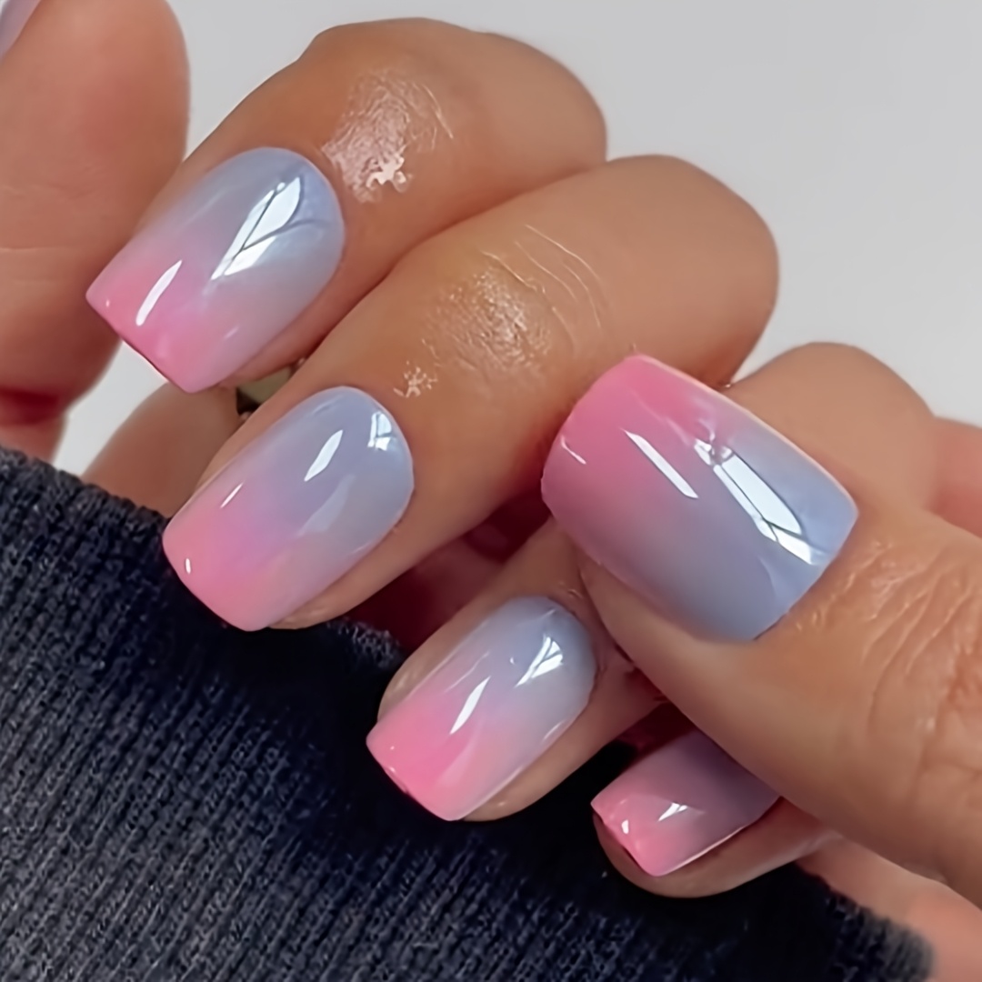 TEMU A Pack Of 24 Short Square Press-on Nails With A Gradient Design, Featuring Jelly Glue And A Nail File, Suitable For Women And For Holidays And