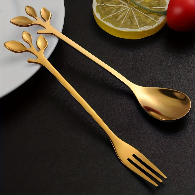 10pcs golden stainless steel cherry   spoons and forks   utensils spoons forks dining entertaining flatware details 2