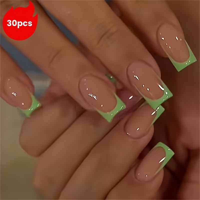 TEMU 30pcs 15 Styles And Sizes, Spring Summer Applicable Press-on Square Fake Nails, Green, White, Red, Blue, Nude French Full Cover Medium Length,
