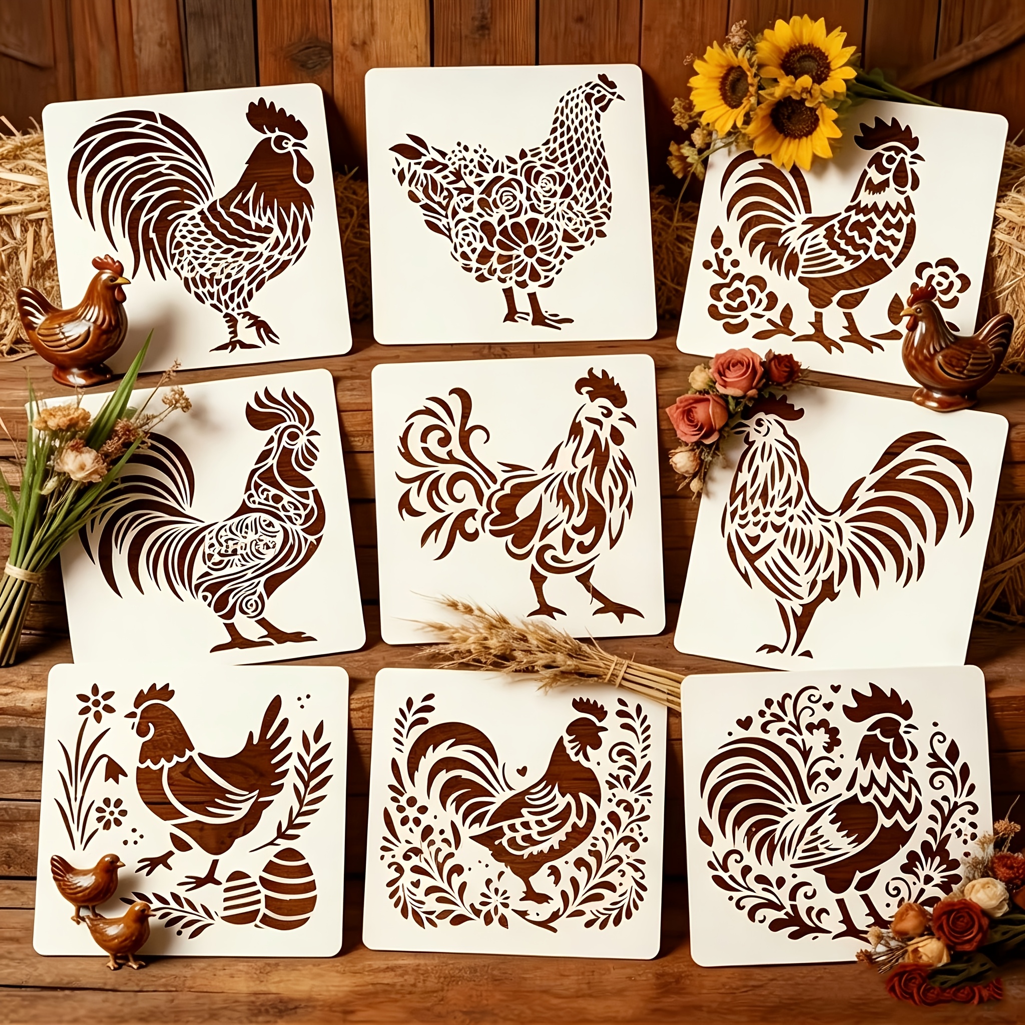 TEMU 9pcs Set Pastoral Rooster Hen Hollow Painting Templates Pet Washable Reusable Hollow Stamping Board Style Floral Rooster Pattern Wooden Box