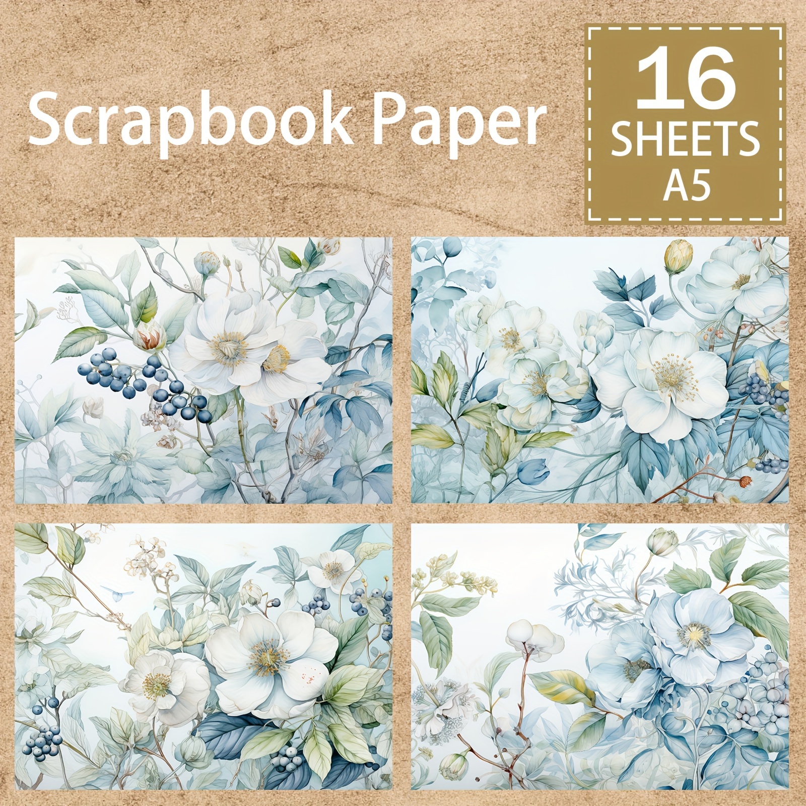 

16 Sheets A5 Size Mother's Day White Gardenia Lily Blueberry Plant Background Material Decoration Diy Retro Journal Junk Journal Greeting Card Planner Scrapbook Background Card Pad
