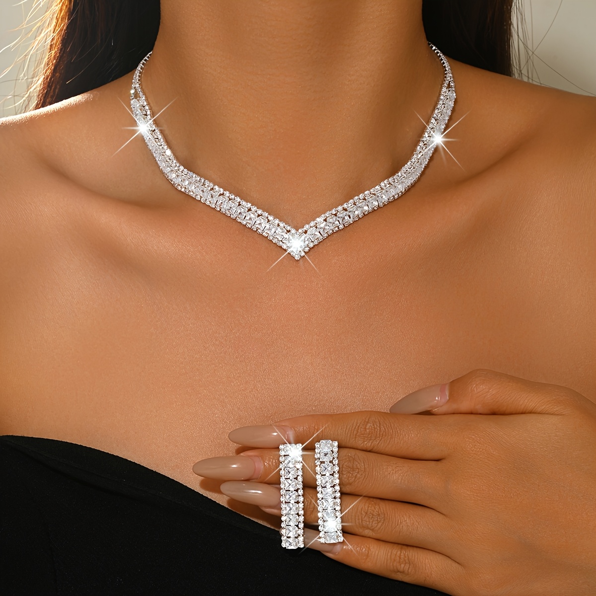 TEMU Fashion Synthetic Zirconia Statement Necklace And Earrings 2pcs Set, Women's V-shaped Design, Suitable For Prom, Daily, And Party