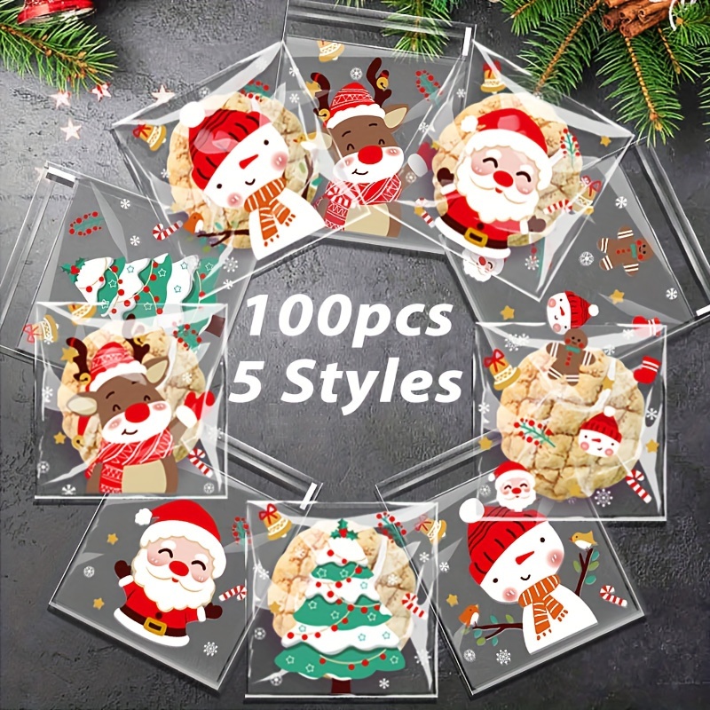 

100pcs Christmas Candy Bags - Self-adhesive Clear Plastic Snack Pouches For Holiday Party Supplies, Disposable Cookie Bags With Santa, Reindeer, Snowman Designs ()