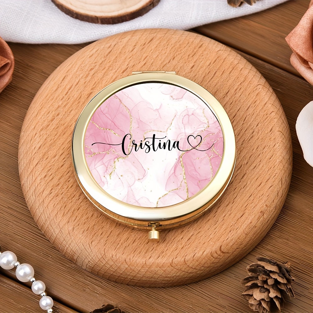 TEMU 1pc Custom Trendy Marble Pattern Name Mini Makeup Mirror With Exquisite Gift Box, Women's Outdoor Touch-up Pocket Mirror, Ideal Gift For Girls,