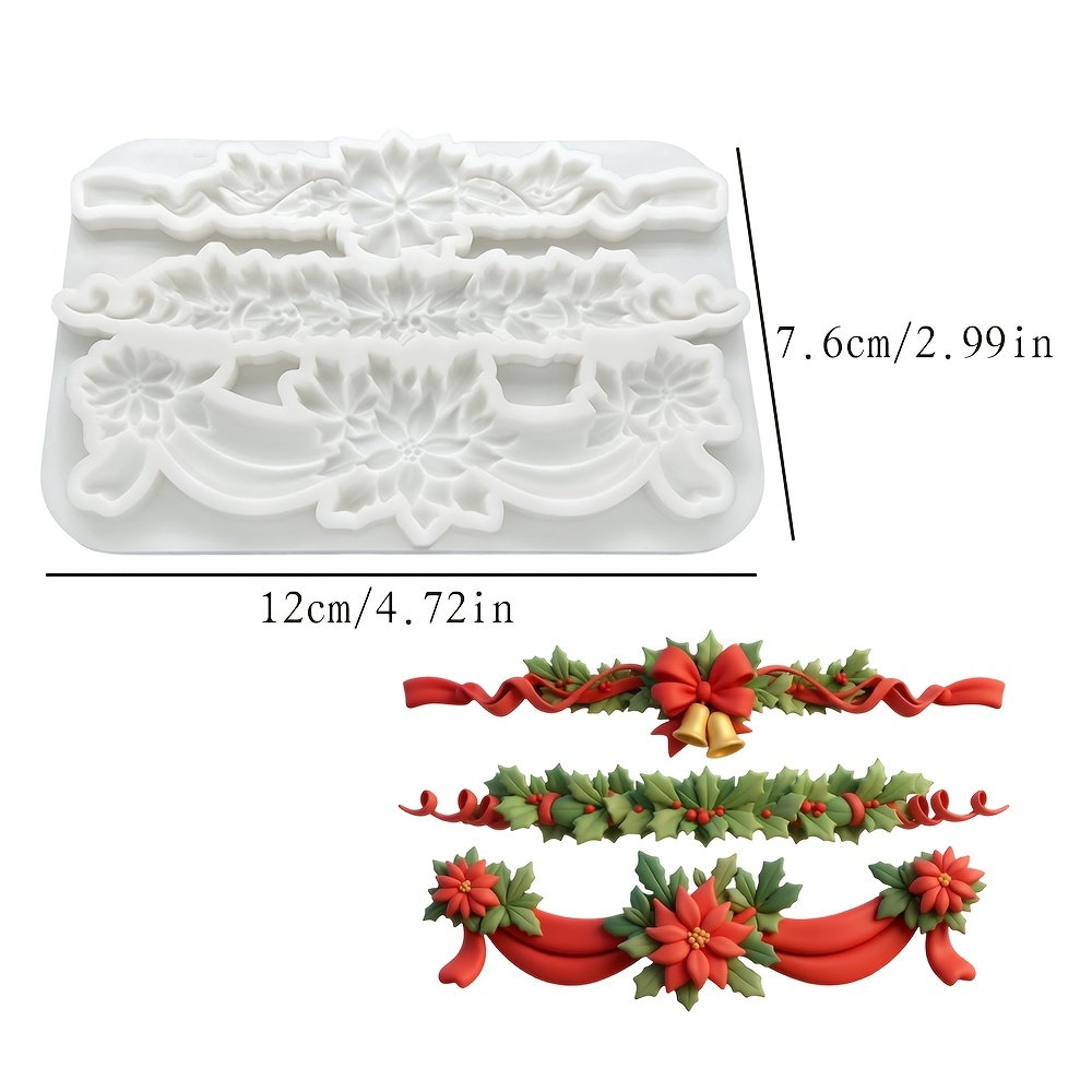 TEMU 3-cavity Christmas Decorative Strip Silicone Mold, Bow, Bell, Red Flower, Vine Fondant Chocolate Mold, Christmas Cake Side Decoration, Epoxy