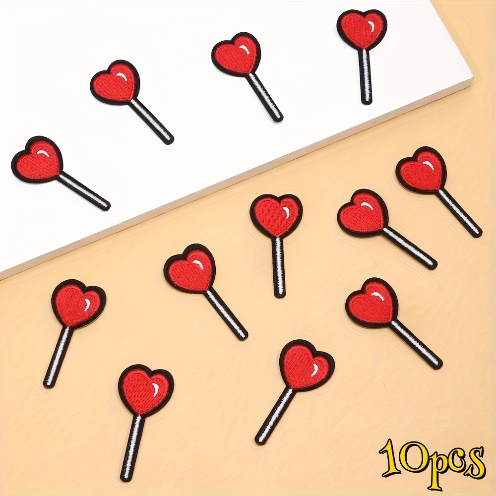 Image of 10pcs/set Of Embroidery Patches-red Heart-shaped Lollipop Clothing Patches- Patches, Simple Clothing Decoration Patches, Add Your Style Ornaments