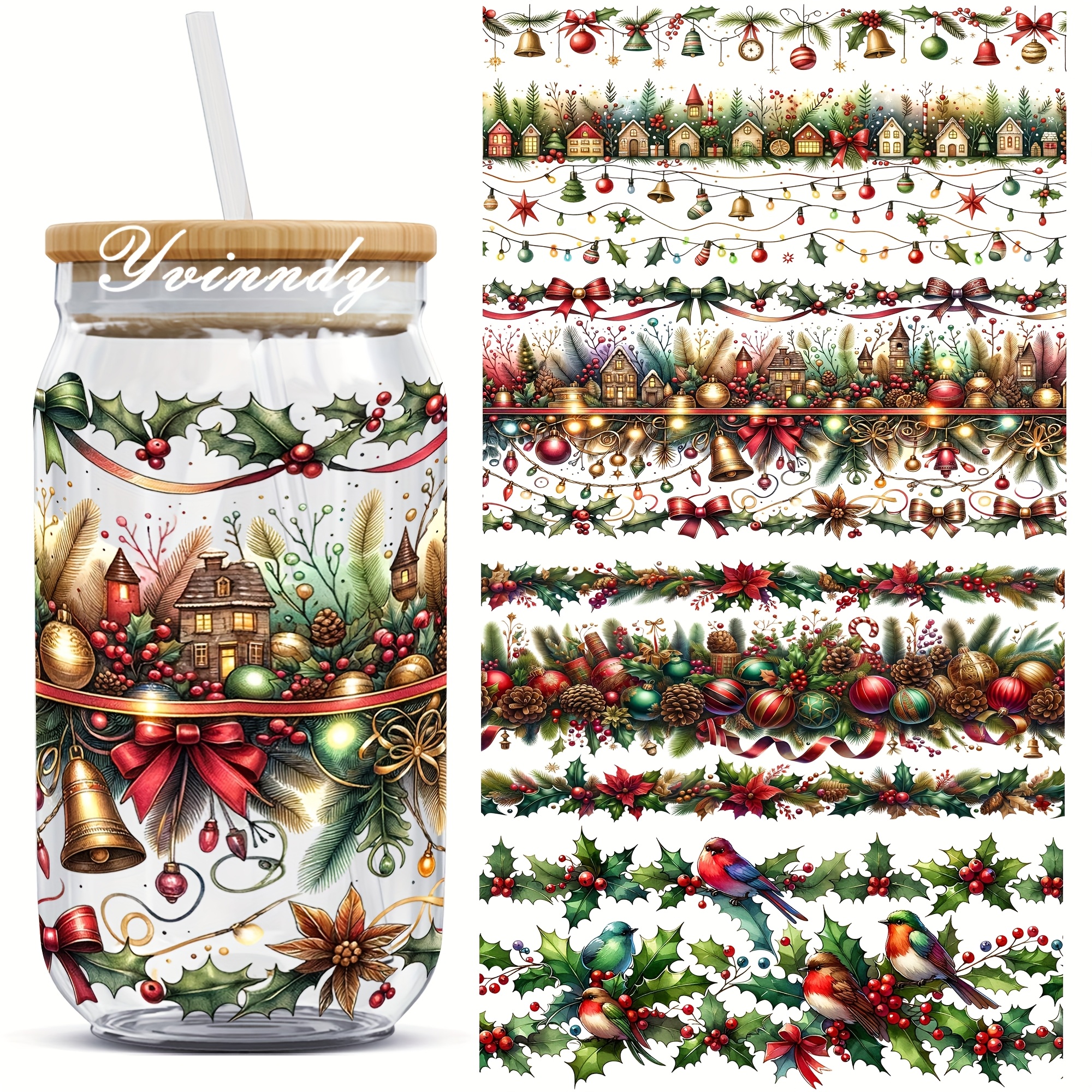 TEMU 4pcs Christmas Uv Dtf Transfer Paper Suitable For 16oz Glass Jars - Vinyl Iron- Sheets With Holiday Patterns ( Ornaments, Canes) For Diy Crafts,