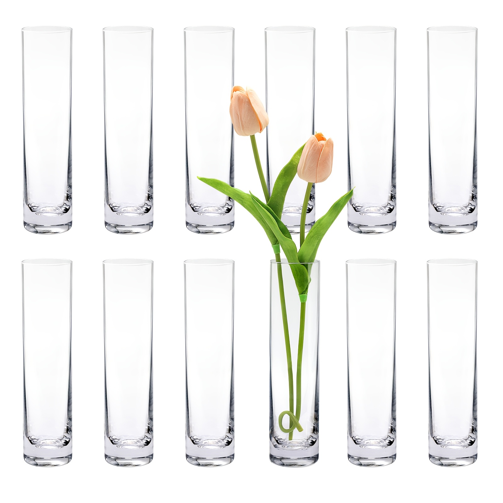 12pcs Glass Cylinder Bud Vases For Centerpieces, 7.5" Clear Small Vases, Handmade Vases Wedding Table Decor For Single Rose Vases Bulk, Home Aesthetic Desk Decor, Party Decorations